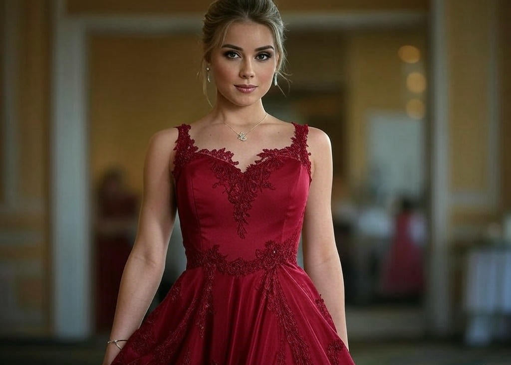 A stylish woman in a striking red dress poses confidently against a teal backdrop, showcasing SolStyle’s elegant Australian fashion design.