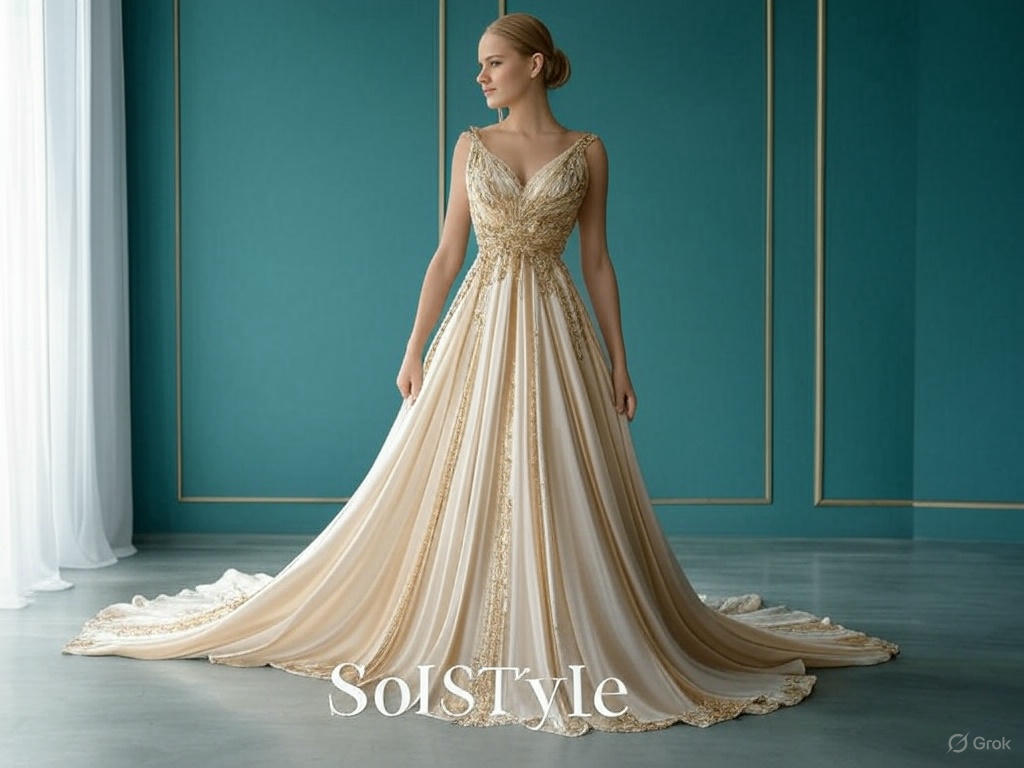 A sophisticated model in a flowing gown stands against a teal background with gold accents, featuring 'SolStyle' in elegant lettering.